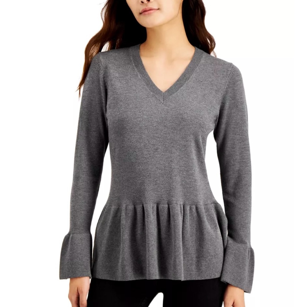 Fever Gray Peplum V Neck Sweater Size Medium